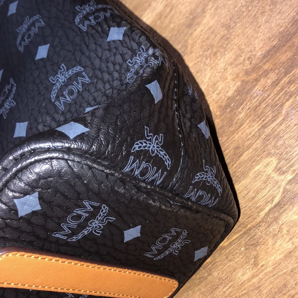 Black Patterned Tote Bag with Tan Handles